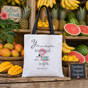 Lieve Flamingo Bijbelvers Pink en Wit Tote Bag