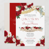 Lieve Floral Blooms Red & White Quinceanera Kaart (Voorkant / Achterkant)