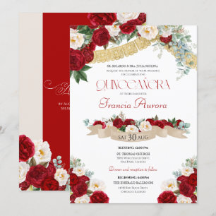 Lieve Floral Blooms Red & White Quinceanera Kaart