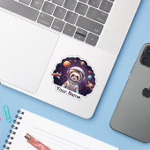 Lieve Fret Astronaut in de Ruimte Sticker (Laptop met iPhone)