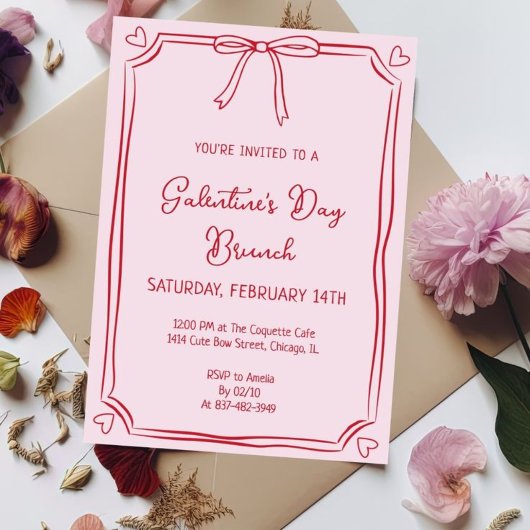 Lieve Galentine's Day Brunch Roze & Rode Uitnodigi Feestdagenkaart