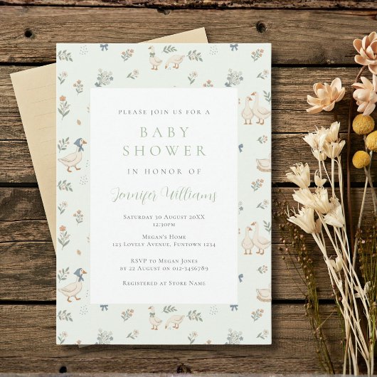 Lieve Gans Sage Groen Baby Shower Uitnodiging