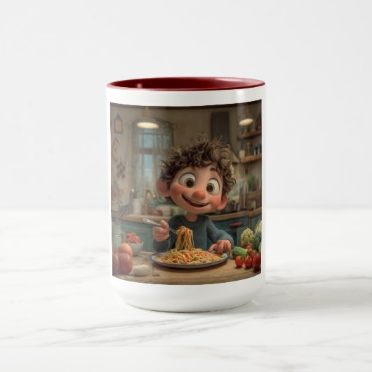 Lieve Geanimeerde Jongen Die Spaghetti Pasta Koffi Mok (Midden)