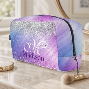 Lieve geborstelde paarse nepsil glitter monogram toilettasje