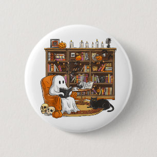 Lieve Geest Leest Boeken Met Zwarte Kat Halloween Ronde Button 5,7 Cm