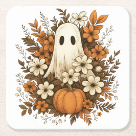 Lieve Geest Met Pompoen & Herfstbloemen – Hallowee Kartonnen Onderzetters