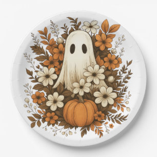 Lieve Geest Met Pompoen & Herfstbloemen – Hallowee Papieren Bordje
