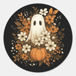 Lieve Geest Met Pompoen & Herfstbloemen – Hallowee Ronde Sticker
