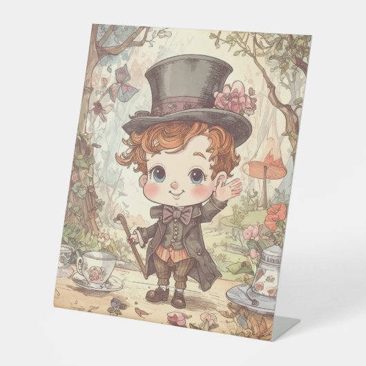 Lieve Gekke Hoedenmaker Whimsisch Wonderland Bosla Reclamebord Met Voetstuk (Voorkant)