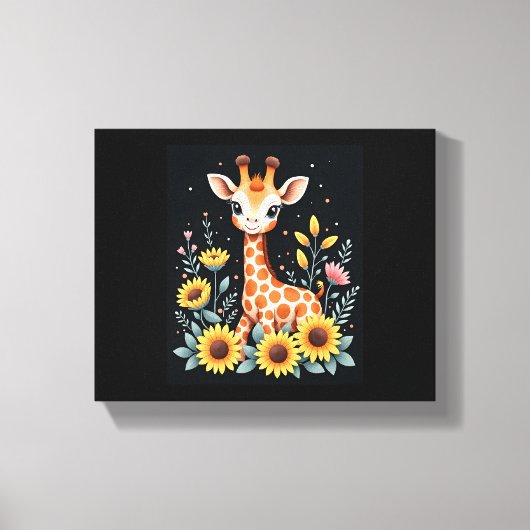Lieve Giraffe Omringd Door Bloemen Lange Mouwen Canvas Afdruk (Voorkant)
