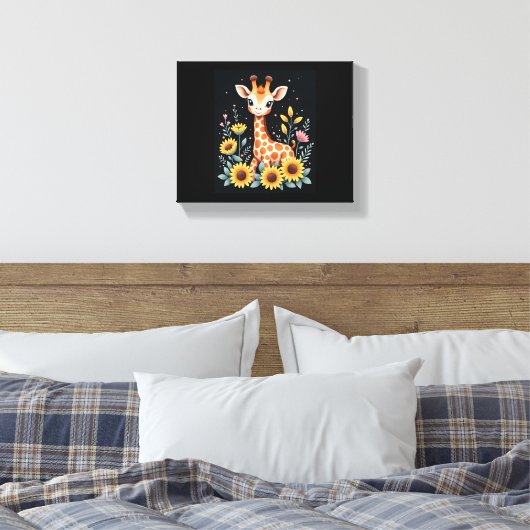 Lieve Giraffe Omringd Door Bloemen Lange Mouwen Canvas Afdruk (Insitu (Slaapkamer))
