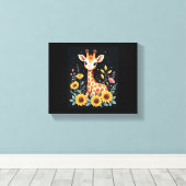Lieve Giraffe Omringd Door Bloemen Lange Mouwen Canvas Afdruk (Insitu (Houten vloer))