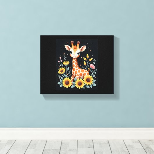 Lieve Giraffe Omringd Door Bloemen Lange Mouwen Canvas Afdruk (Insitu (Houten vloer))