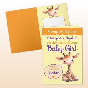 Lieve giraffe voeg namen toe oranje paarse baby me kaart