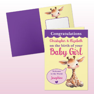 Lieve giraffe voeg namen toe roze paarse baby meis kaart