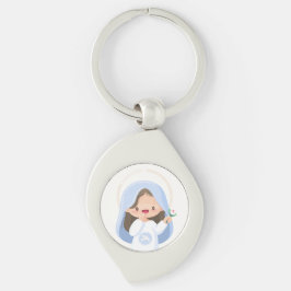 Lieve Glimlachende Kawaii Maagd Maria met Bloem Sleutelhanger