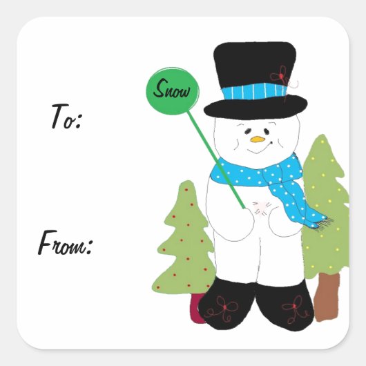 Lieve Glimlachende Vorstige Sneeuwman Vierkante Sticker (Voorkant)