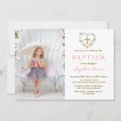 Lieve Gouden Kruis Bloemen Meisje Foto Doop Kaart (Voorkant)