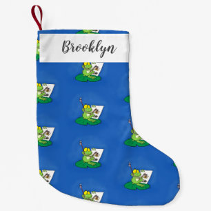 Lieve grappige groene kikker cartoonillustratie kleine kerstsok