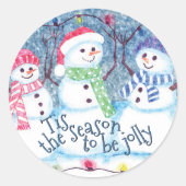 Lieve Grappige Winter Seizoen Sneeuwmannen Aquarel Ronde Sticker (Voorkant)