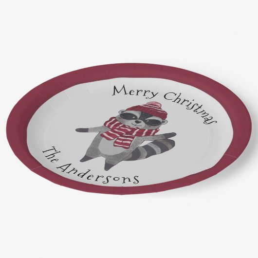 Lieve grijze en rode aquarel Kerstwasbeer Papieren Bordje (Gekanteld)