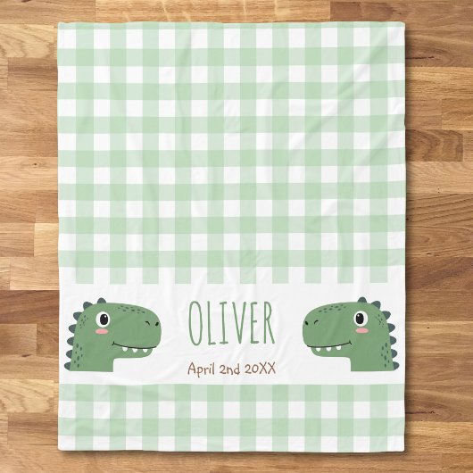 Lieve Groene Dinosauruskop Gingham Naam Geboorte Fleece Deken