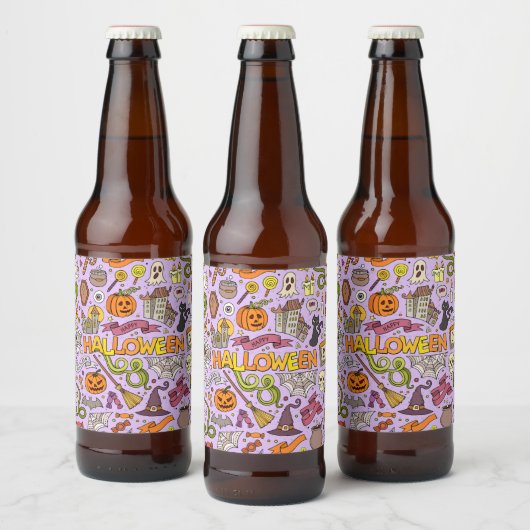 Lieve Halloween Doodle Patroon Bier Etiket (Flessen)