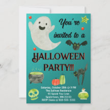 Lieve Halloween-feestuitnodiging in turquoise en g