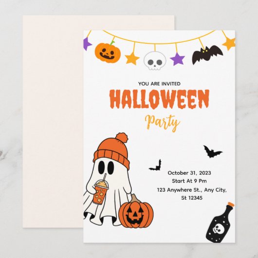 Lieve Halloween-feestuitnodiging met spook Kaart (Voorkant / Achterkant)