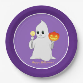 Lieve Halloween-geest en pompoen op paars Papieren Bordje