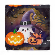 Lieve Halloween Geest met Heksenhoed en Pompoenen