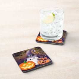 Lieve Halloween Geest met Heksenhoed en Pompoenen Bier Onderzetter