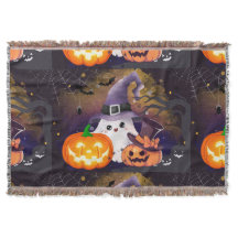 Lieve Halloween Geest met Heksenhoed en Pompoenen