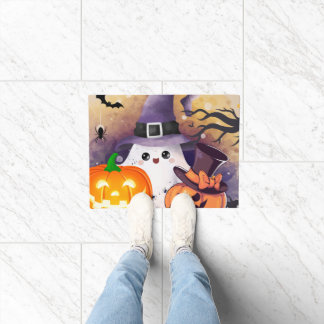 Lieve Halloween Geest met Heksenhoed en Pompoenen Deurmat