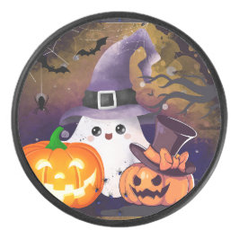 Lieve Halloween Geest met Heksenhoed en Pompoenen Hockey Puck