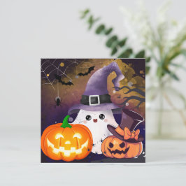 Lieve Halloween Geest met Heksenhoed en Pompoenen Kaart