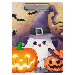 Lieve Halloween Geest met Heksenhoed en Pompoenen Klembord