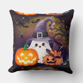 Lieve Halloween Geest met Heksenhoed en Pompoenen Kussen
