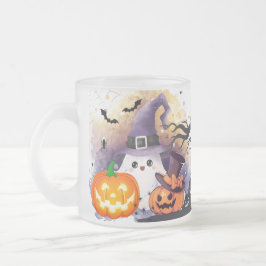 Lieve Halloween Geest met Heksenhoed en Pompoenen Matglas Koffiemok