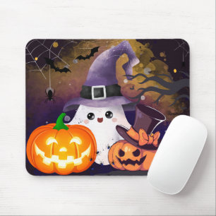 Lieve Halloween Geest met Heksenhoed en Pompoenen Muismat