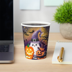 Lieve Halloween Geest met Heksenhoed en Pompoenen Papieren Bekers