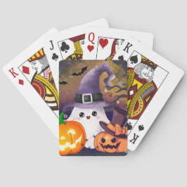 Lieve Halloween Geest met Heksenhoed en Pompoenen Pokerkaarten