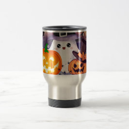 Lieve Halloween Geest met Heksenhoed en Pompoenen Reisbeker