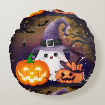 Lieve Halloween Geest met Heksenhoed en Pompoenen