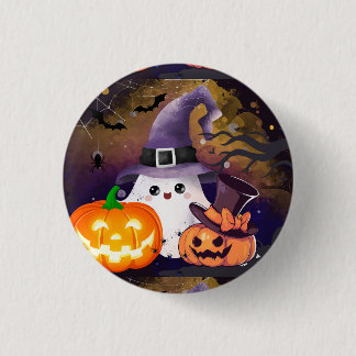 Lieve Halloween Geest met Heksenhoed en Pompoenen Ronde Button 3,2 Cm