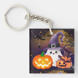 Lieve Halloween Geest met Heksenhoed en Pompoenen Sleutelhanger