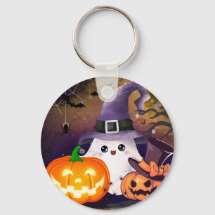 Lieve Halloween Geest met Heksenhoed en Pompoenen Sleutelhanger