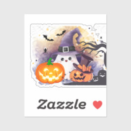 Lieve Halloween Geest met Heksenhoed en Pompoenen Sticker