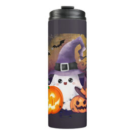 Lieve Halloween Geest met Heksenhoed en Pompoenen Thermosbeker