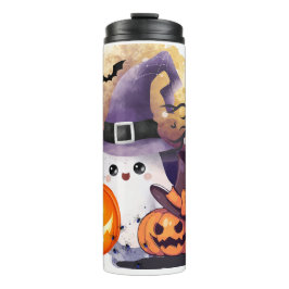 Lieve Halloween Geest met Heksenhoed en Pompoenen Thermosbeker